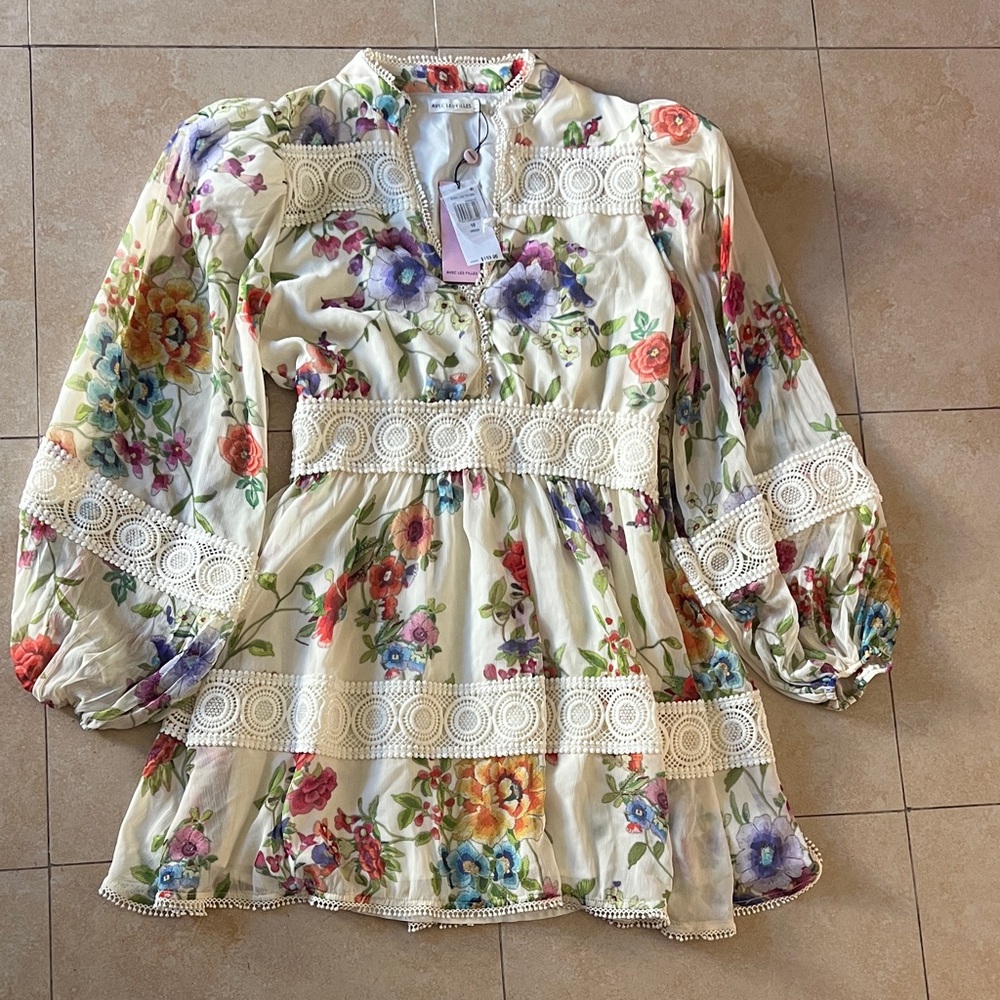 Avec Les Filles Floral Long Sleeve Dress - Cream and Multicolor
